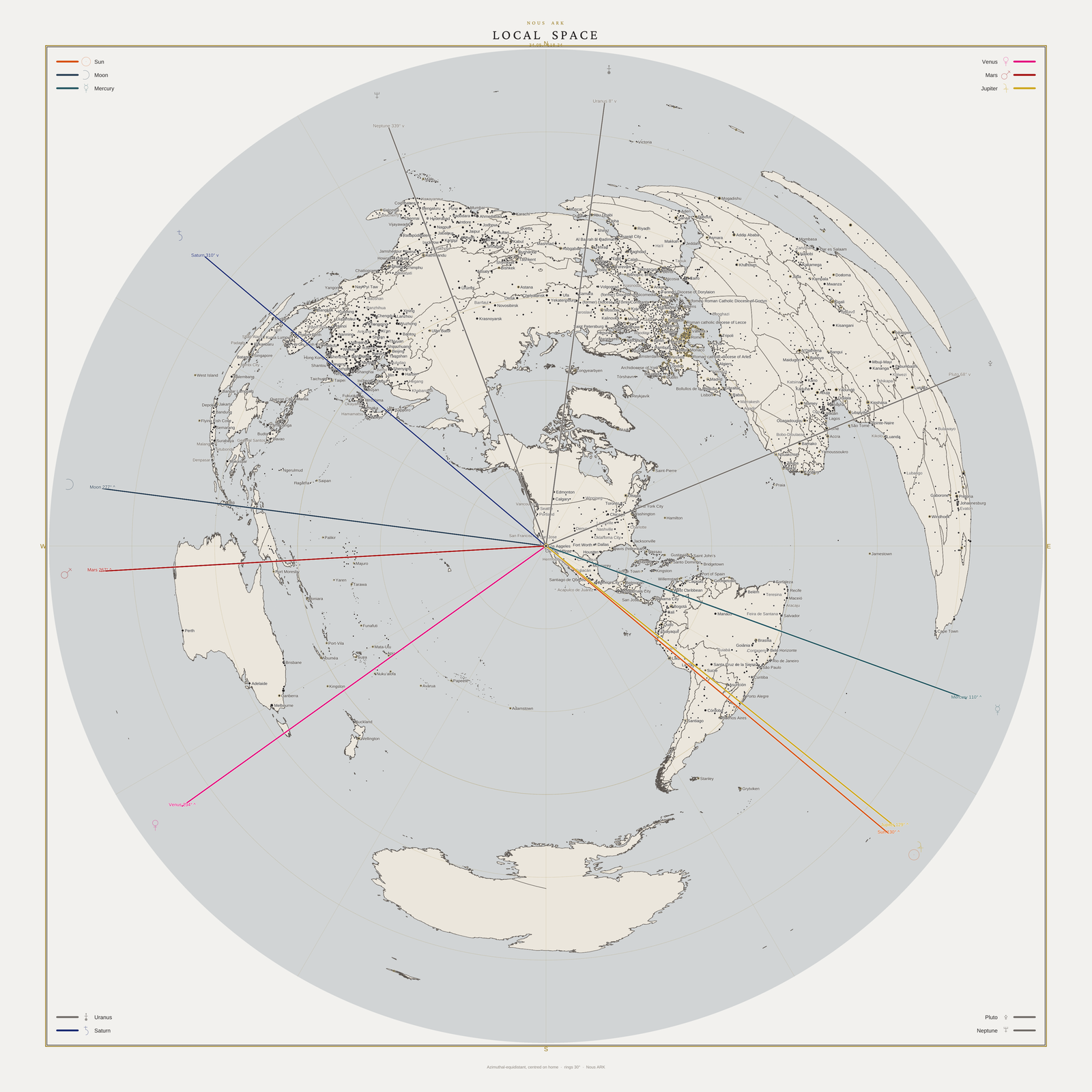 Local-space astrocartography disc — your planetary directions radiating from your home city across a world map