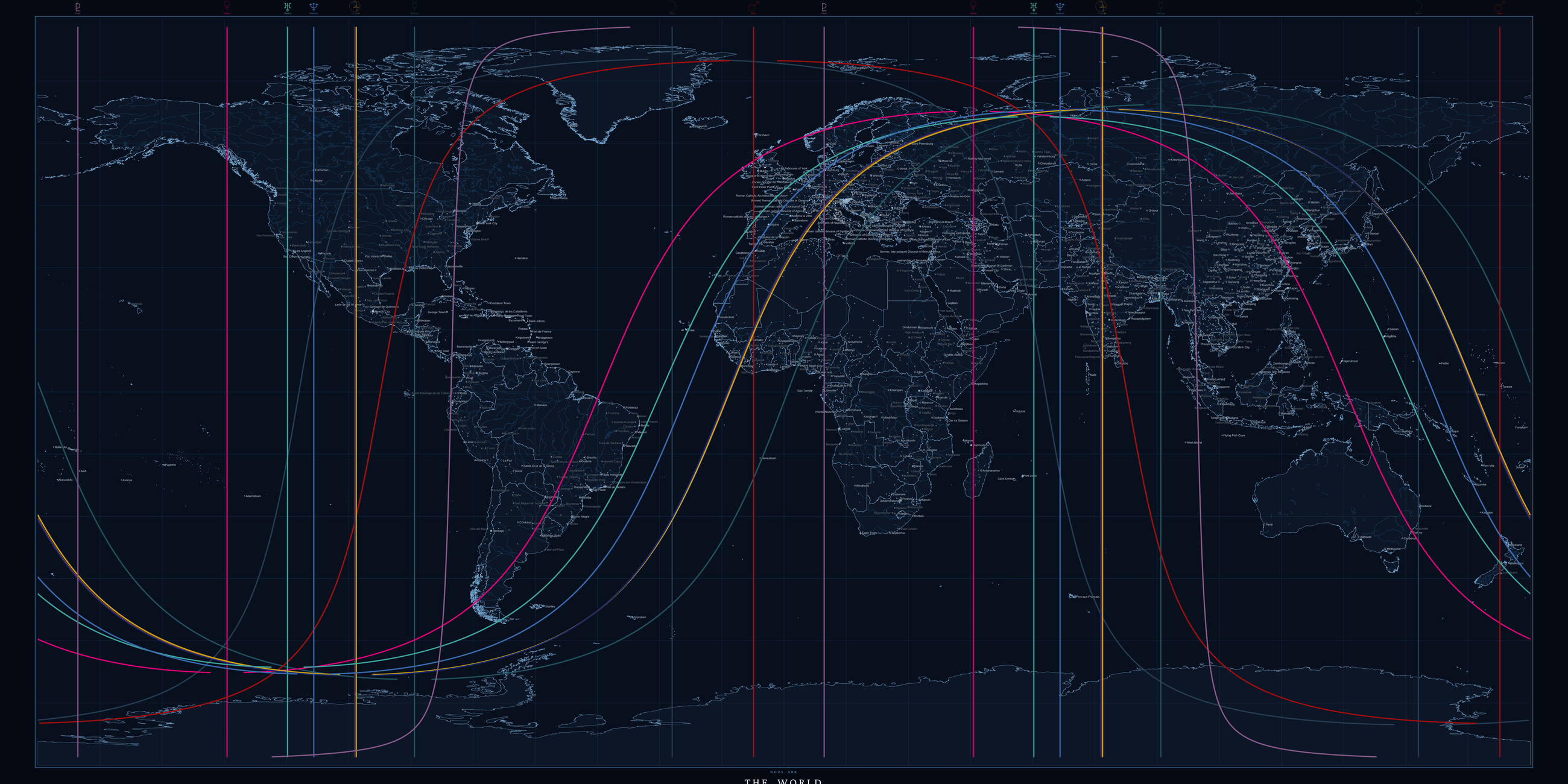 Astrocartography world map — coloured planetary lines drawn across the Earth over a dark globe of city lights